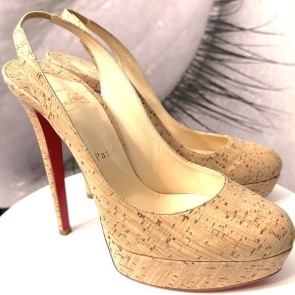 🌺 CHRISTIAN LOUBOUTIN 👠 Bianca Slingback 140mm Cork Platform Pump size 38.5 - Picture 3 of 16
